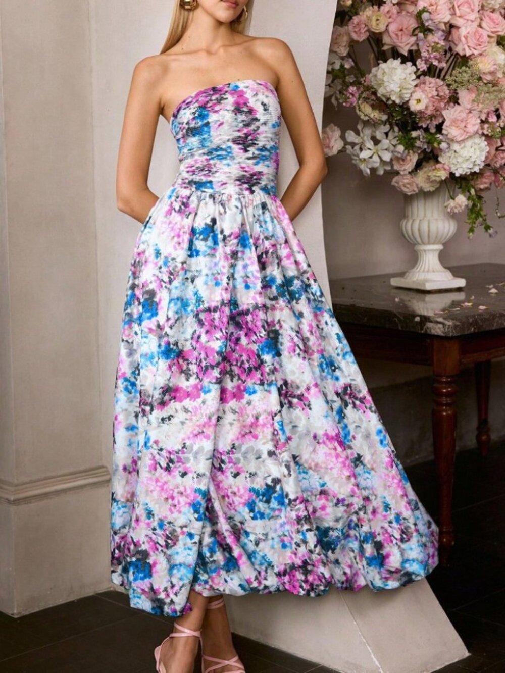 Blue Floral Print Strapless Maxi Dress with Pleated Bodice - Picture 4 of 6